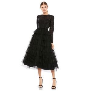 Mac Duggal Long Sleeve Sequin Top Ruffle Tiered Bottom Midi Dress Size 8
